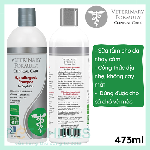 Sữa tắm cho chó mèo da nhạy cảm kích ứng ngứa mẩn đỏ Veterinary Formula Shampoo for Dogs & Cats Hypoallergenic (473ml) 16oz