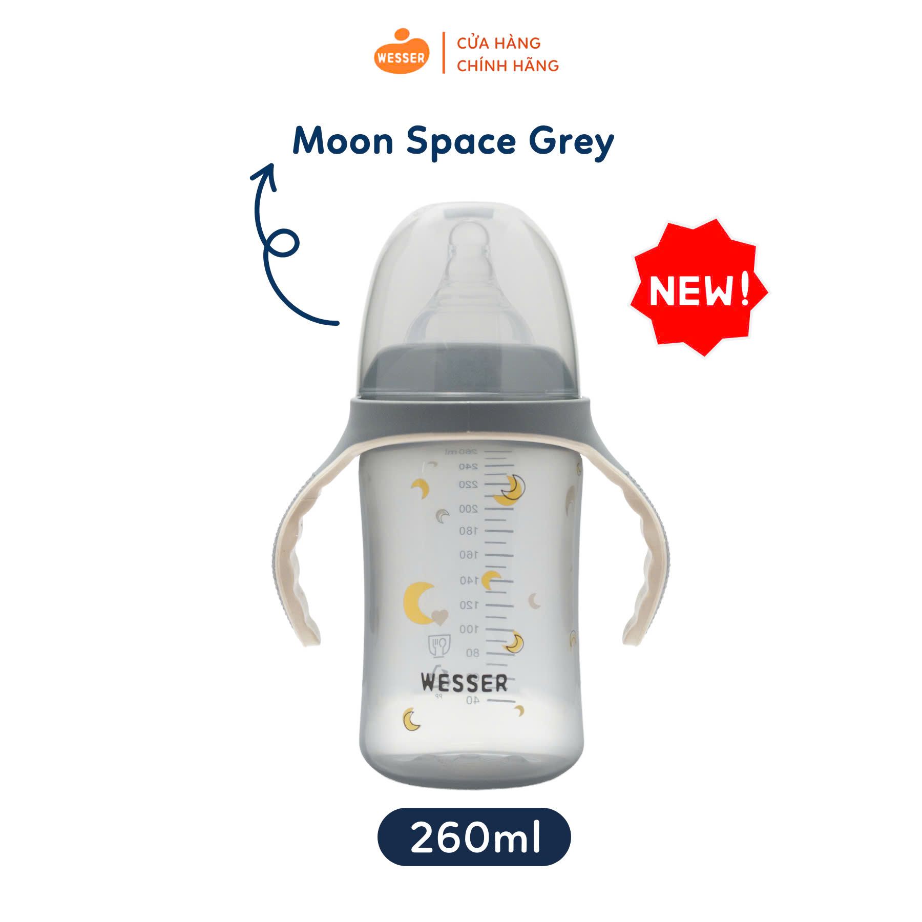 Bình sữa cổ rộng PP COLOR Wesser 260ml (Màu Xám)
