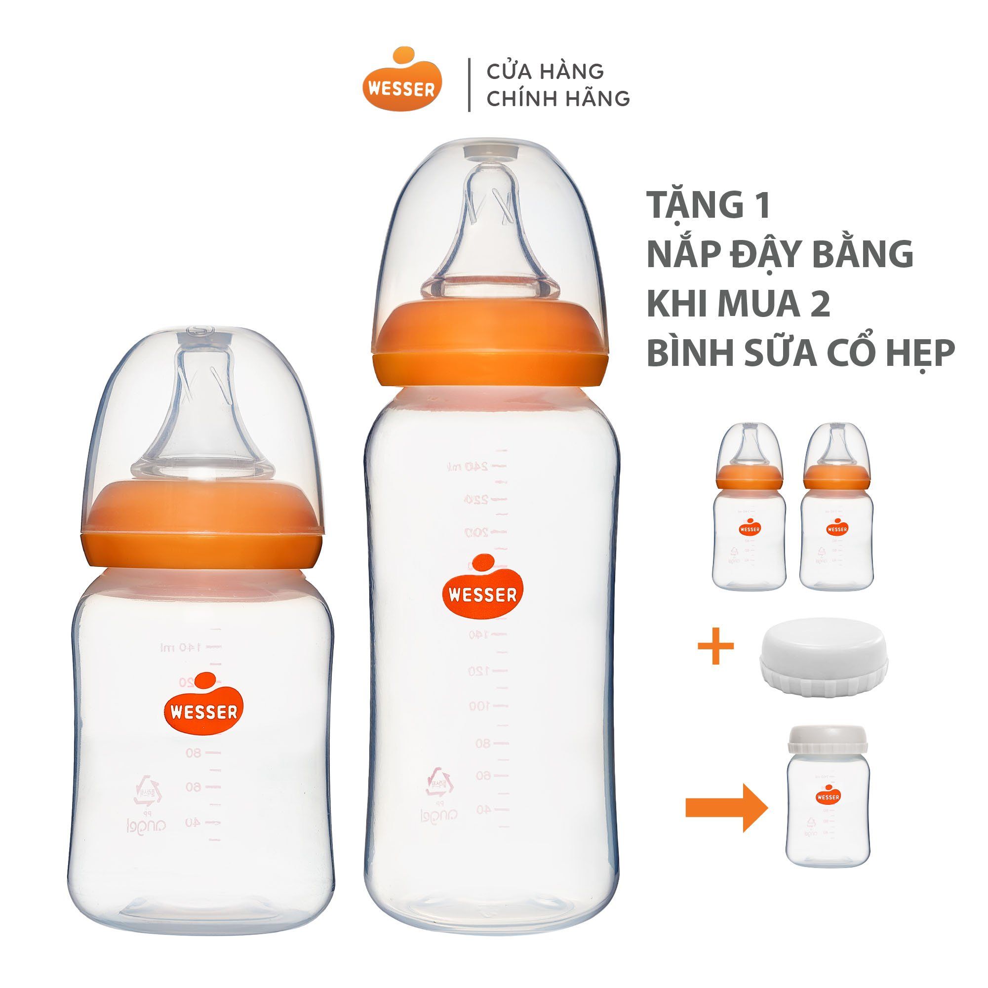 Combo 2 bình sữa PP Wesser 140ml và 250ml (BÌNH PP 250 KHÔNG KÈM VAN CHỐNG SẶC) - TẶNG NẮP ĐẬY BÌNH SỮA