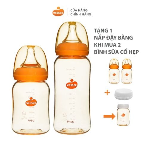  Combo 2 bình sữa Wesser PPSU ( 140ml + 250ml) ( BÌNH PPSU 250 KHÔNG KÈM VAN CHỐNG SẶC) - TẶNG NẮP ĐẬY BÌNH SỮA 