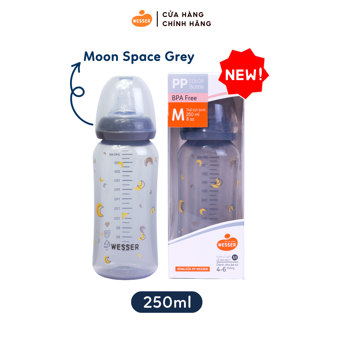 Bình sữa cổ hẹp PP COLOR Wesser 250ml (Màu Xám) - Không van chống sặc