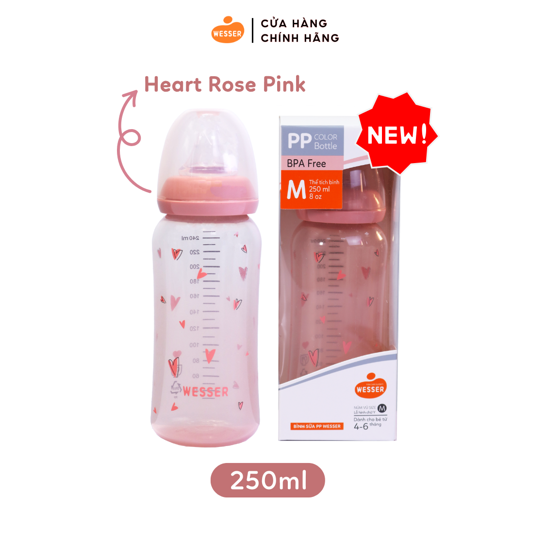 Bình sữa cổ hẹp PP COLOR Wesser 250ml (Màu Hồng) - Không van chống sặc