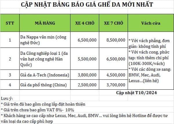 Báo giá bọc ghế da ô tô 4, 7, 9, 16 chỗ