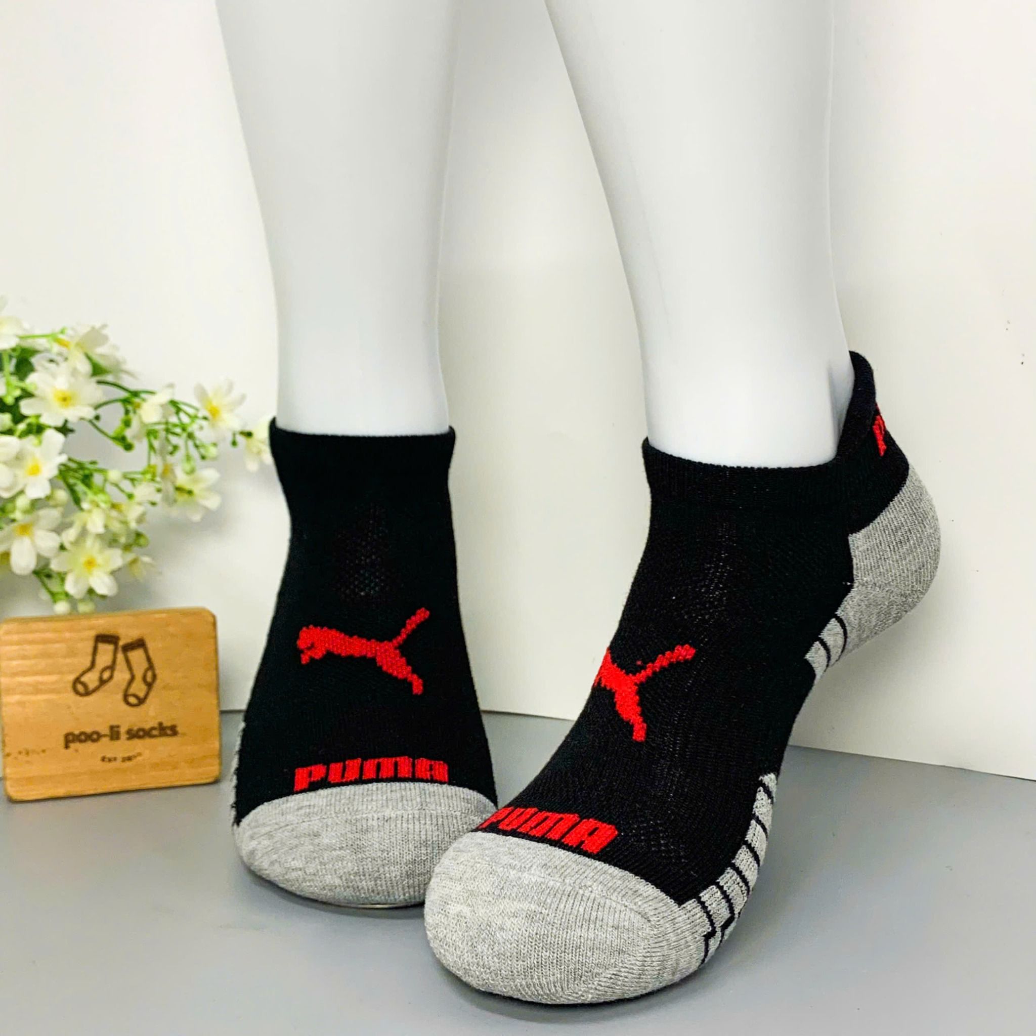 Vớ ngắn hiệu Puma đen xám logo đỏ