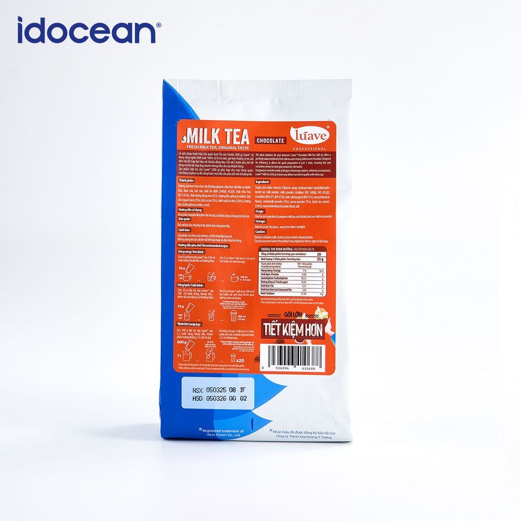 Trà sữa hòa tan Lúave - Vị sô cô la 500gr (Pha được 2,4 lít trà sữa, chiết xuất từ lá trà tươi, không chất bảo quản,...)