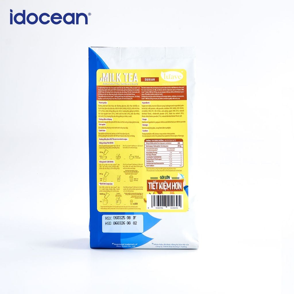 Trà sữa hòa tan Lúave - Vị sầu riêng 500gr (Pha được 2,4 lít trà sữa, chiết xuất từ lá trà tươi, không chất bảo quản,...)