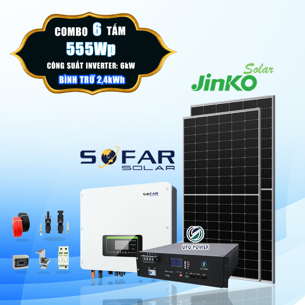  [1 - 2 triệu TIỀN ĐIỆN] 6 tấm pin Jinko 555Wp + Inverter Sofar 6kW + Bình trữ 2,4kWh 