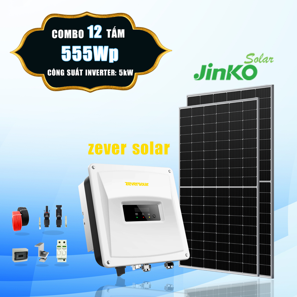  [4 triệu - 5 triệu TIỀN ĐIỆN] 12 tấm pin Jinko 555Wp + Inverter Zever 5kW 