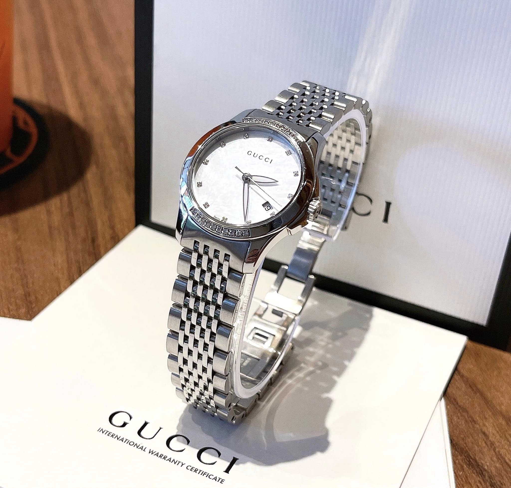 Gucci G-Timeless Diamond Bezel Steel Bracelet Watch YA126510 - Nữ –  PhongWatch