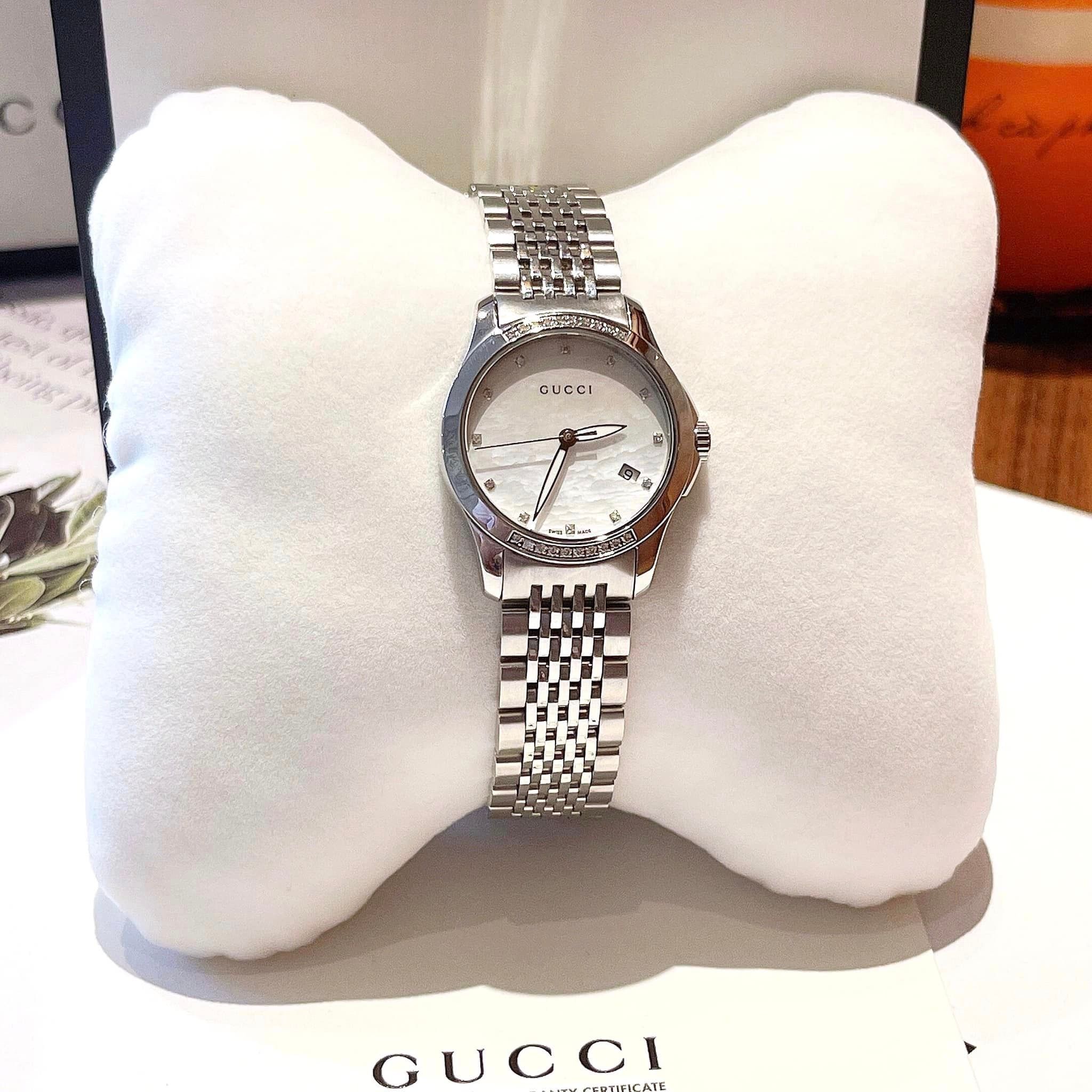 Gucci G-Timeless Diamond Bezel Steel Bracelet Watch YA126510 - Nữ –  PhongWatch