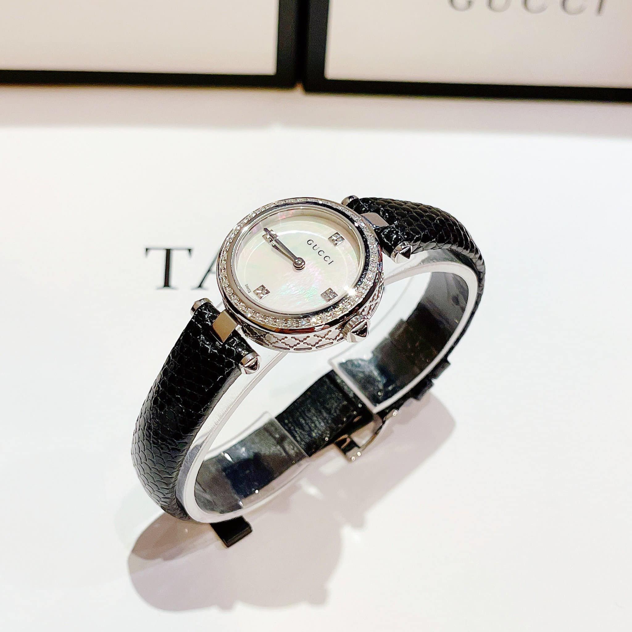 Gucci Diamantissima Diamonds Mother of Pearl Dial Black Leather Strap Watch For Women - YA141511