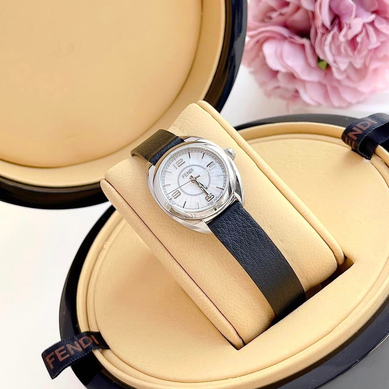 Fendi Momento Mother Of Pearl Dial Black Leather F217024511 