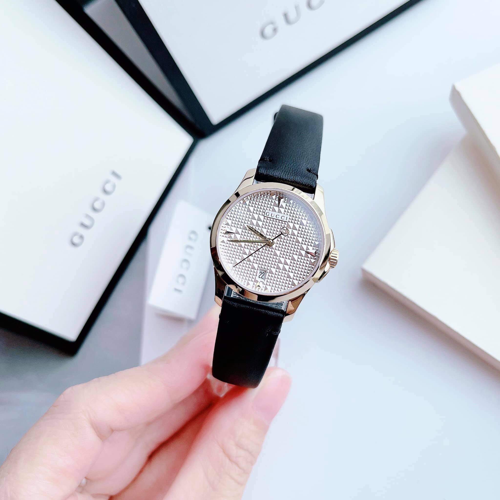 Gucci G Timeless Silver Dial Black Leather YA126571 27mm ng H N PhongWatch