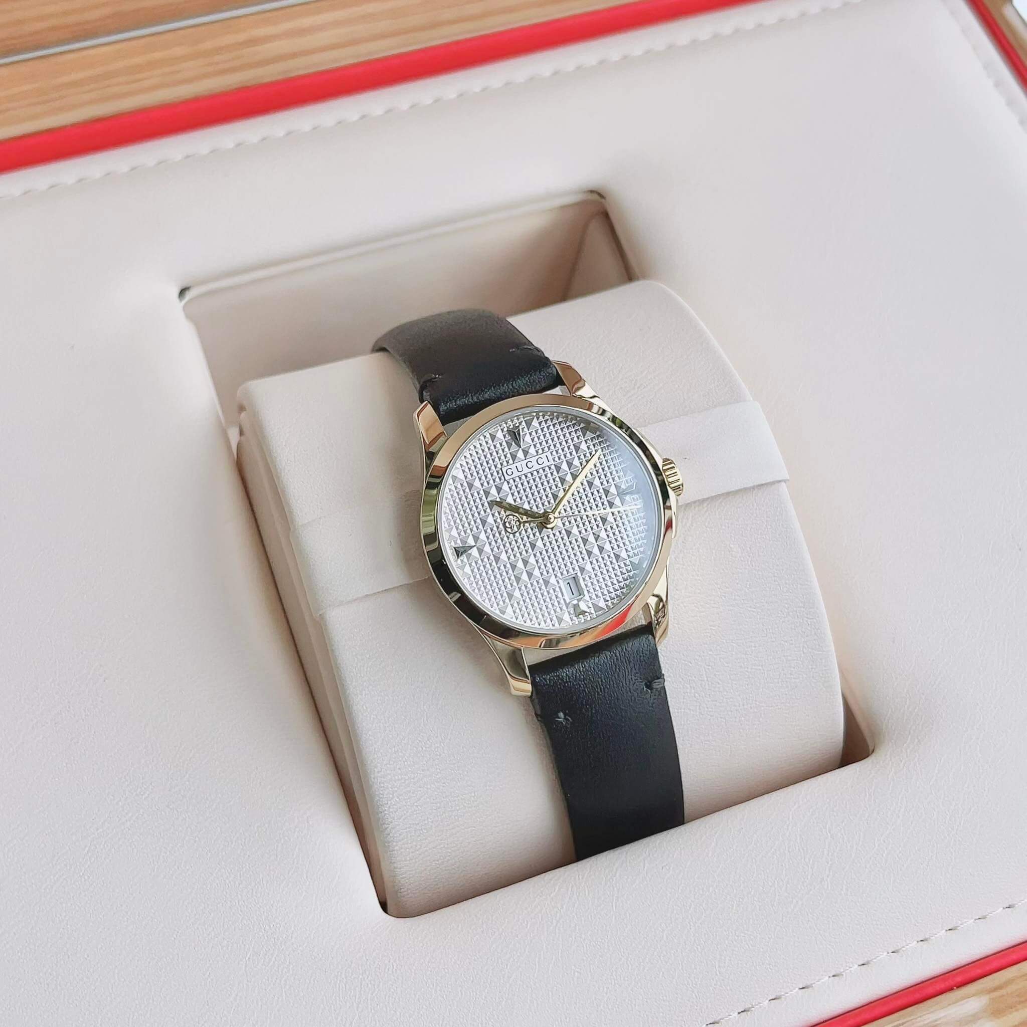 Gucci G Timeless Silver Dial Black Leather YA126571 27mm ng H N PhongWatch