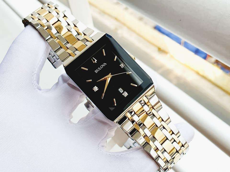 Bulova Quadra Diamond Black Dial Two Tone Watch 98D153