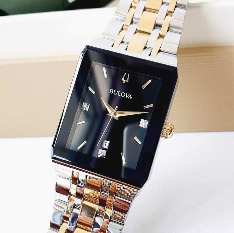 Bulova Quadra Diamond Black Dial Two Tone Watch 98D153 ng H