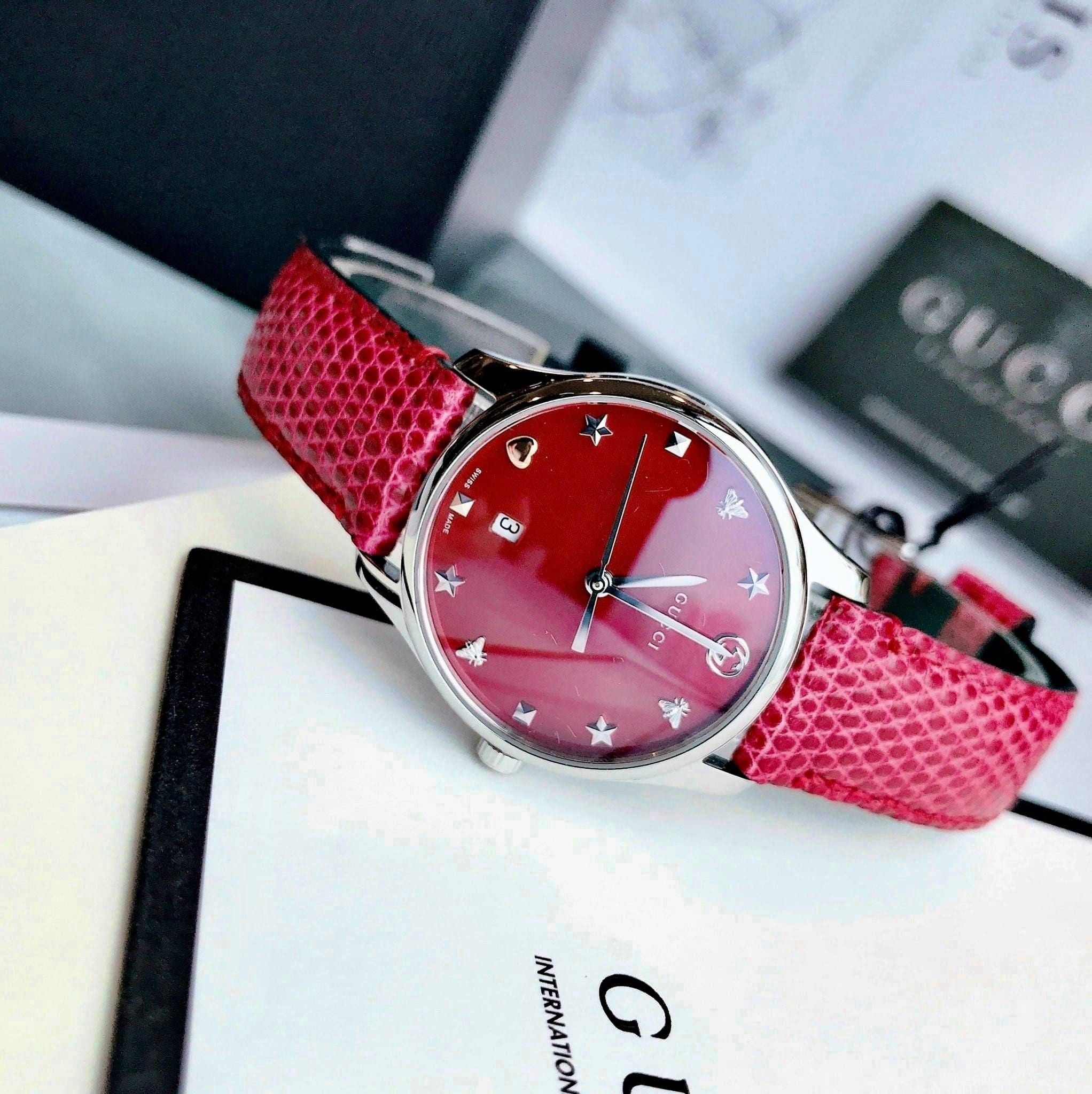 Gucci G Timeless Red Mop Dial Red Leather YA126584 ng H N