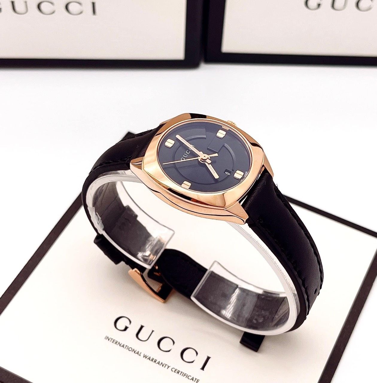 Gucci GG2570 Rose Gold Plated Black Dial Black Leather YA142509 – PhongWatch