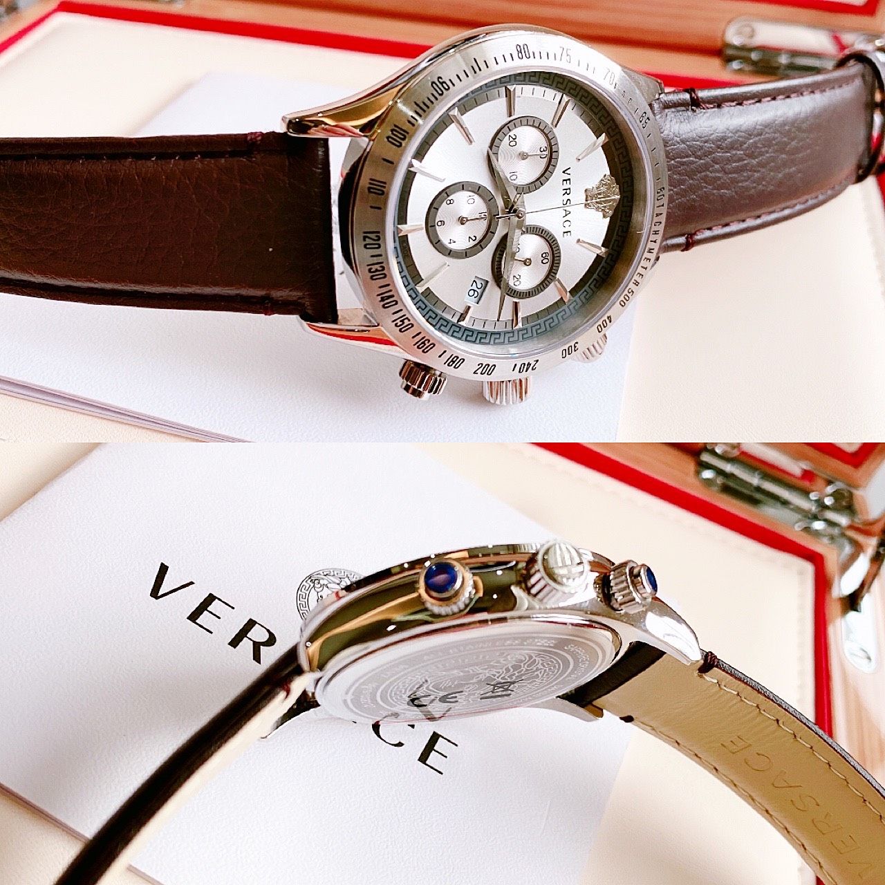 Versace Classic Black Leather Chronograph 44mm Đồng Hồ Nam PhongWatch