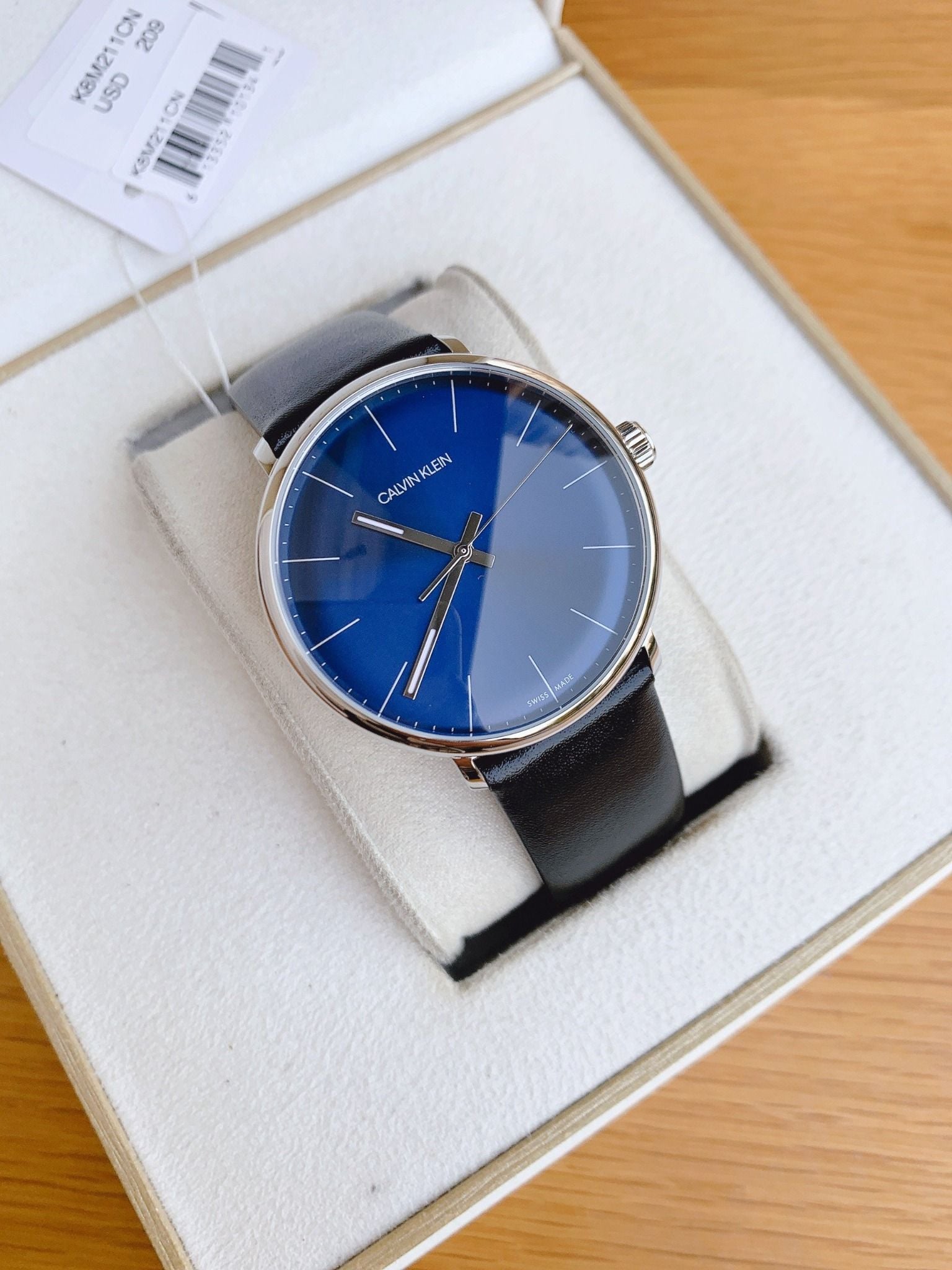 Calvin Klein High Noon Quartz Blue Dial Black Leather Strap Watch for Men - K8M211CN