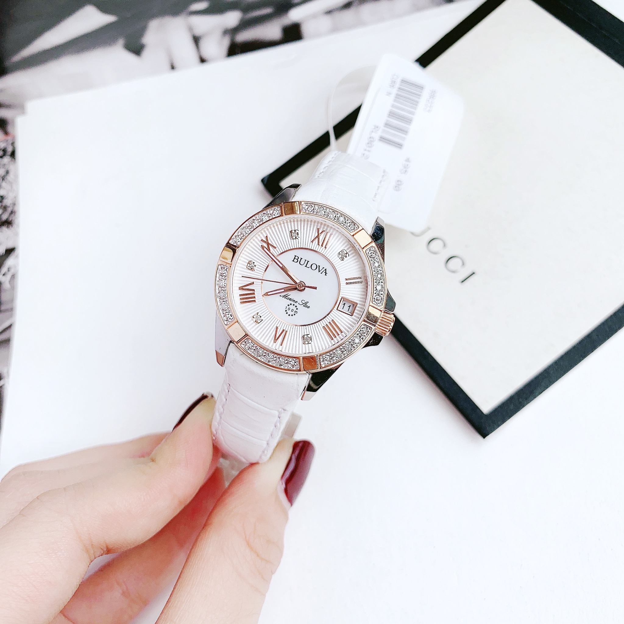 White Ceramic Bulova Marine Star Diamond Watch For Ladies