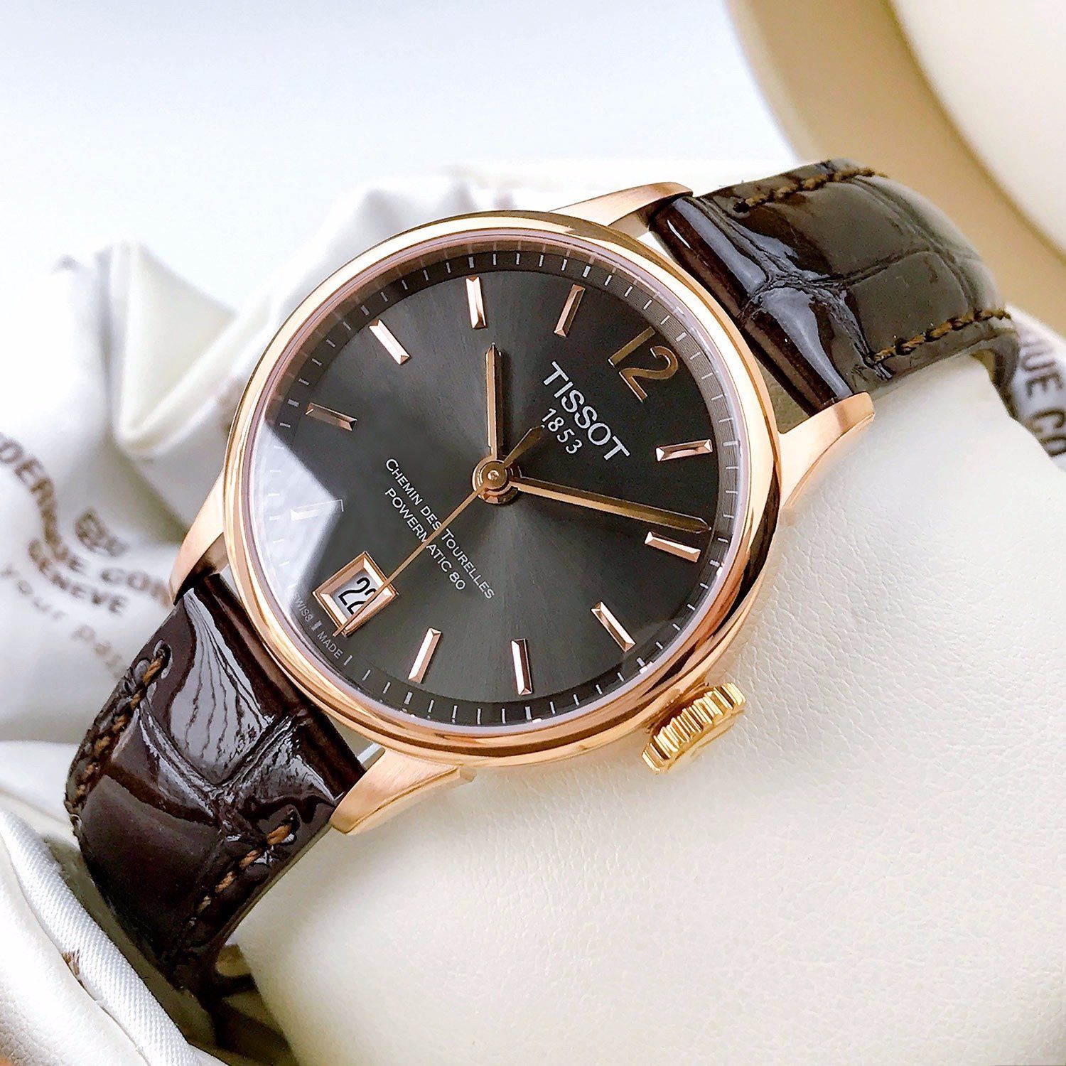 Tissot Chemin Des Tourelles Powermatic 80 Lady Brown Dial Brown Leather Strap Watch For Women - T099.207.36.447.00
