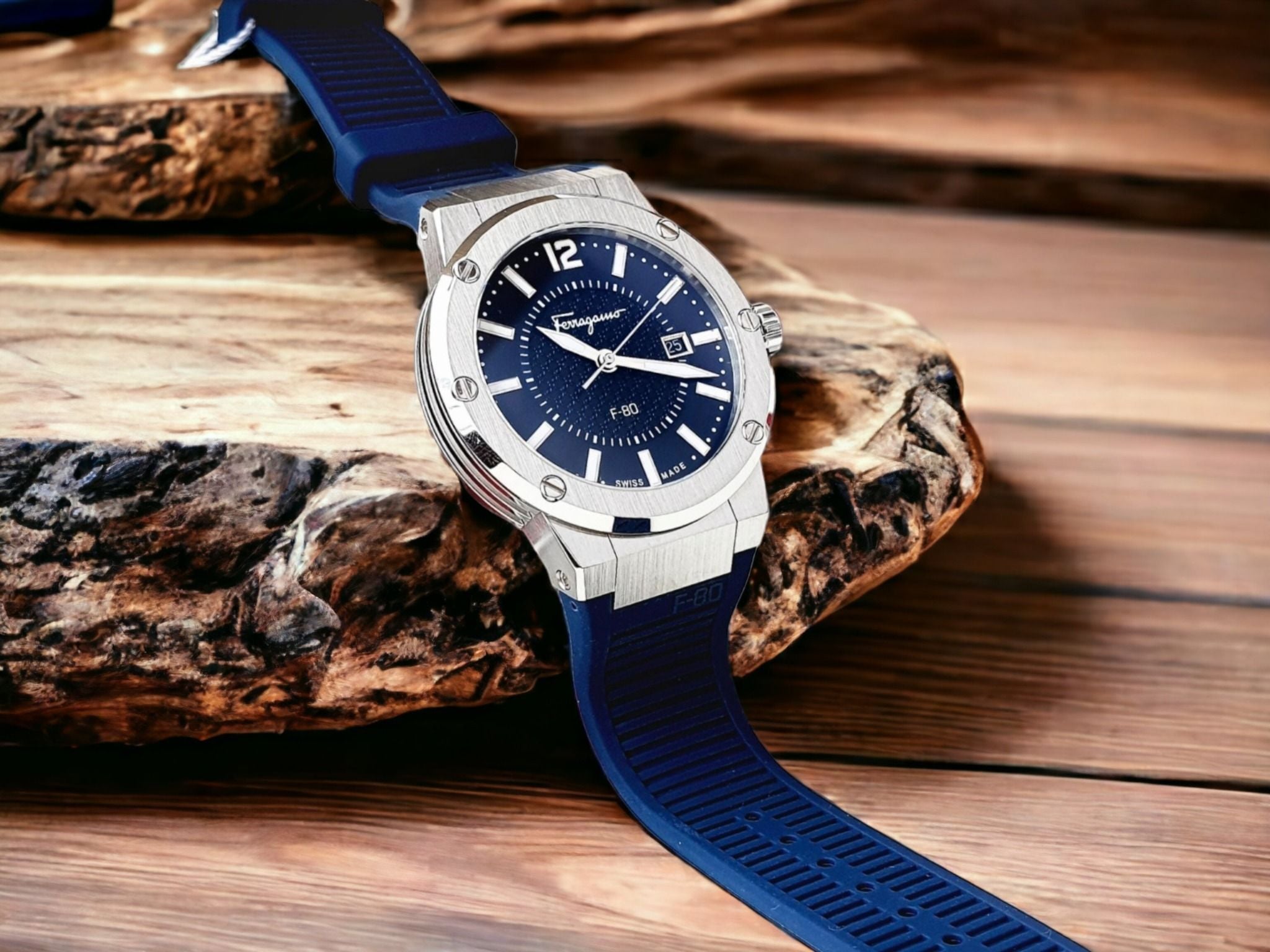 Salvatore Ferragamo F-80 Blue Dial Blue Rubber Strap Watch For Men - SFHY01022