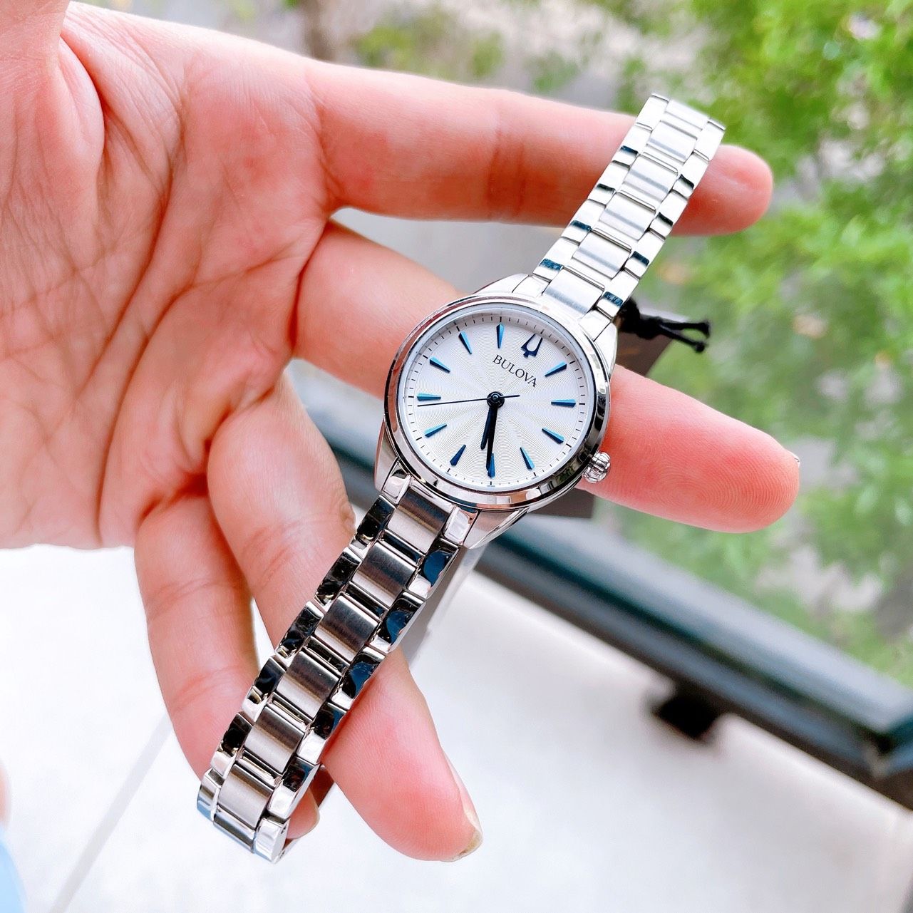 BULOVA ♦ 96L285 Sutton Quartz Silver Dial Ladies Watch Bulova Sutton Women's Quartz Blue Accents Silver-Tone Dial