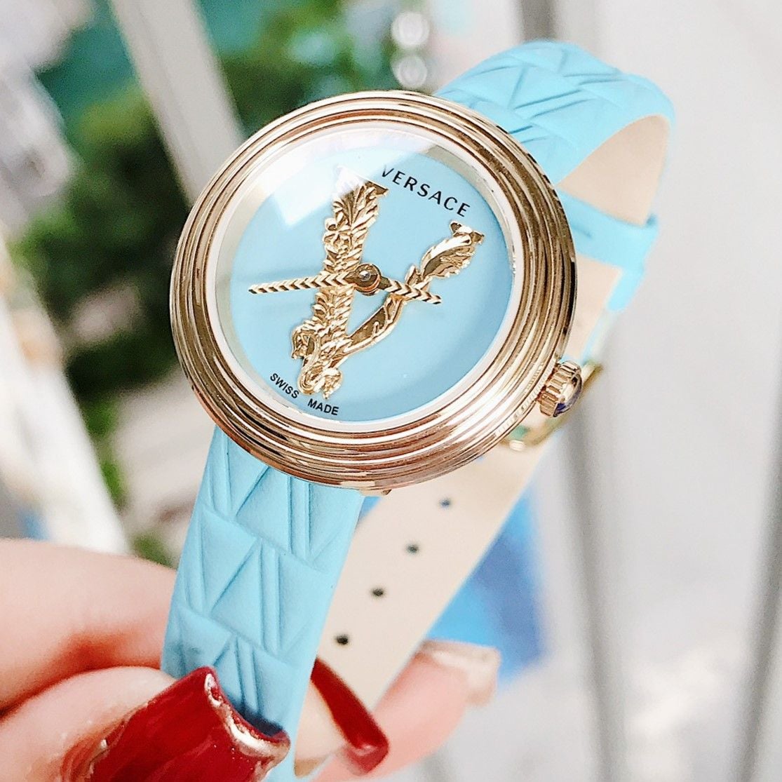 Versace Virtus Mini Quartz Gold Dial Red Leather Strap Watch For Women - VET300521