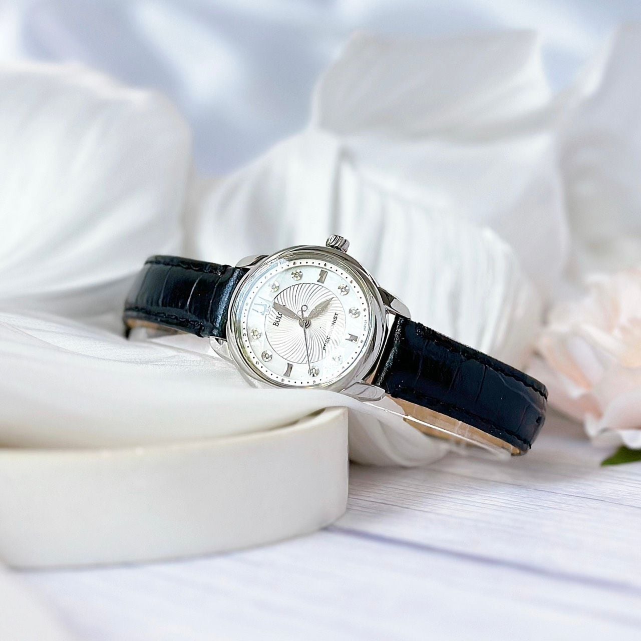 Bulova Quartz 96P124 Precisionist Mother of Pearl Dial Black Leather ...