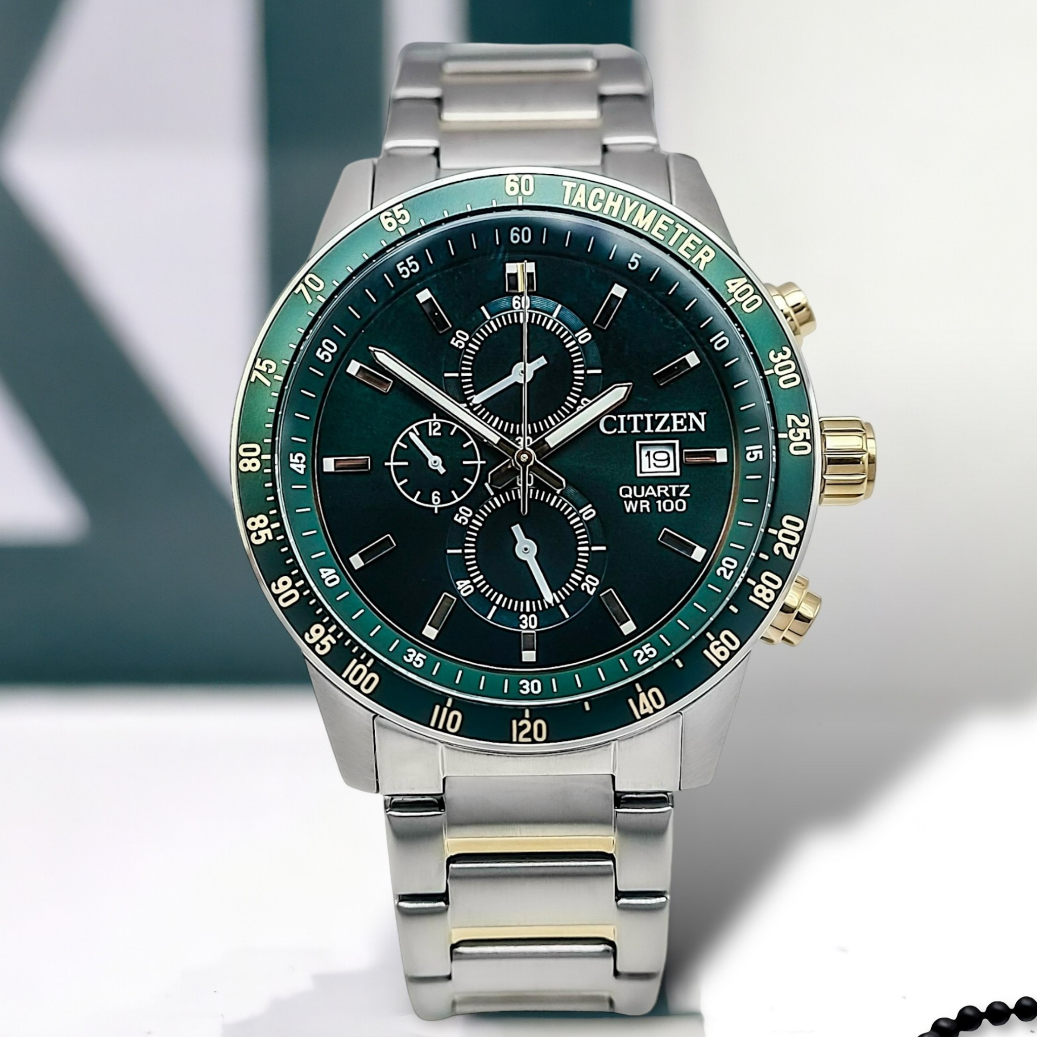 アカッチ Citizen Quartz AN3689-55X Chronograph Dây Thép Mặt Xanh Lá - Đồng