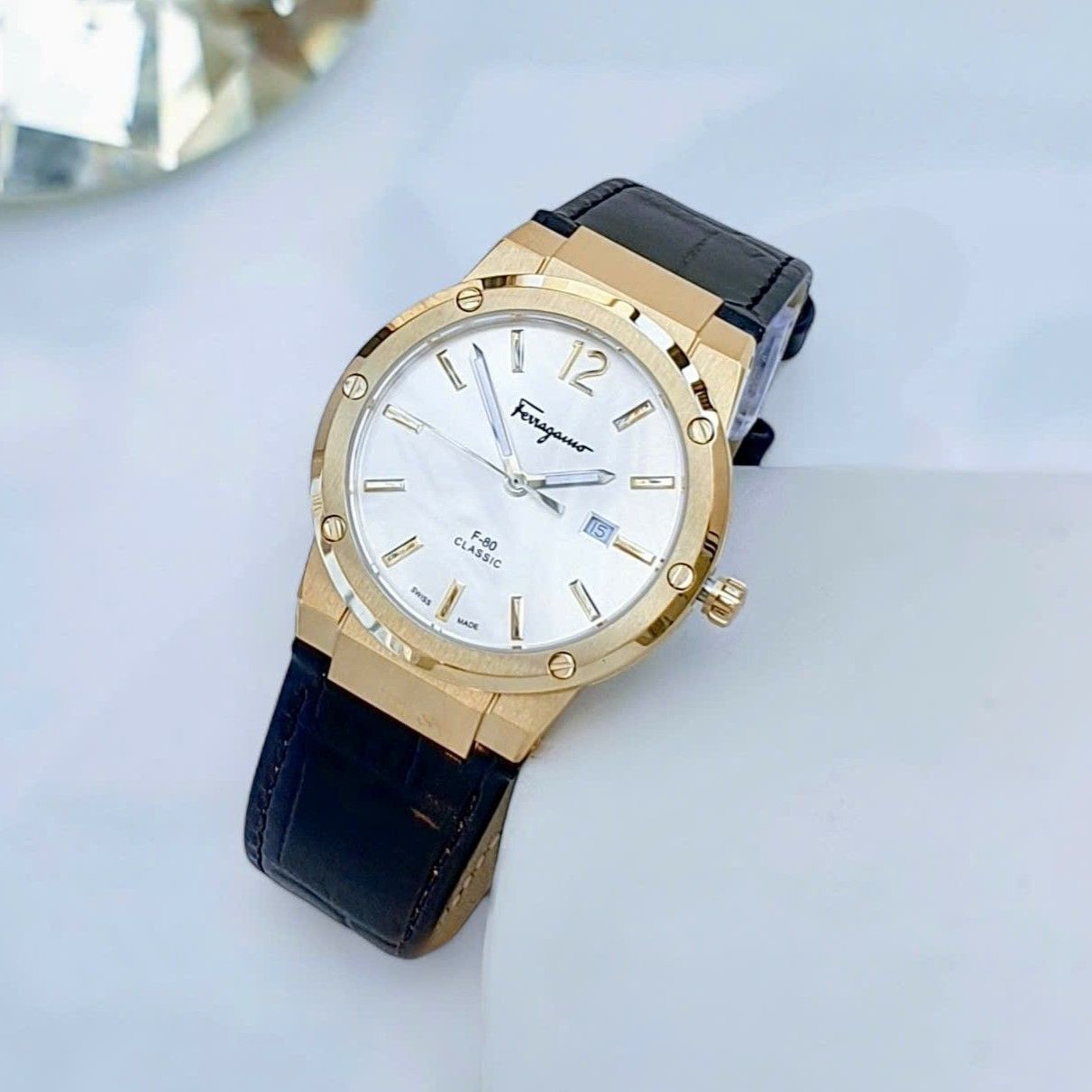 Salvatore Ferragamo F-80 Classic Silver Dial Brown Leather Strap