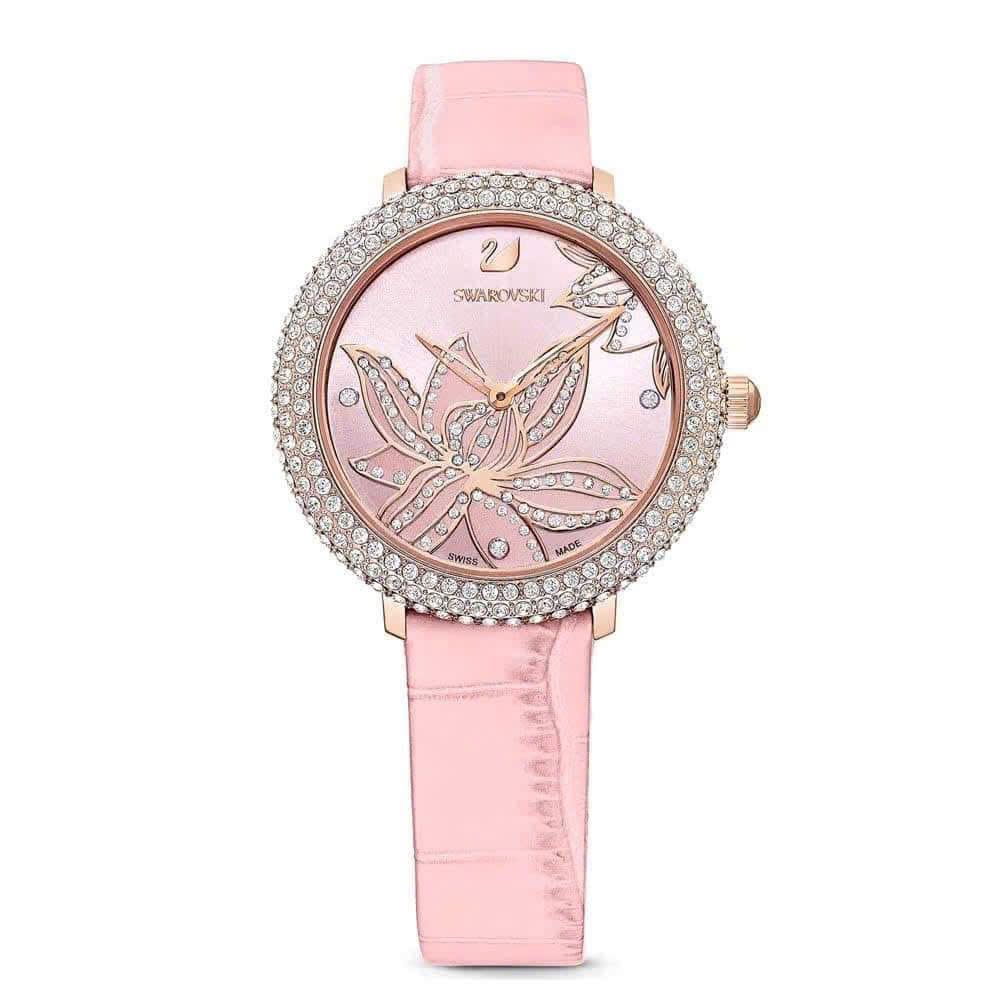 Swarovski Crystal Quartz Pink Dial Pink Leather Strap Watch for Women - 5575217
