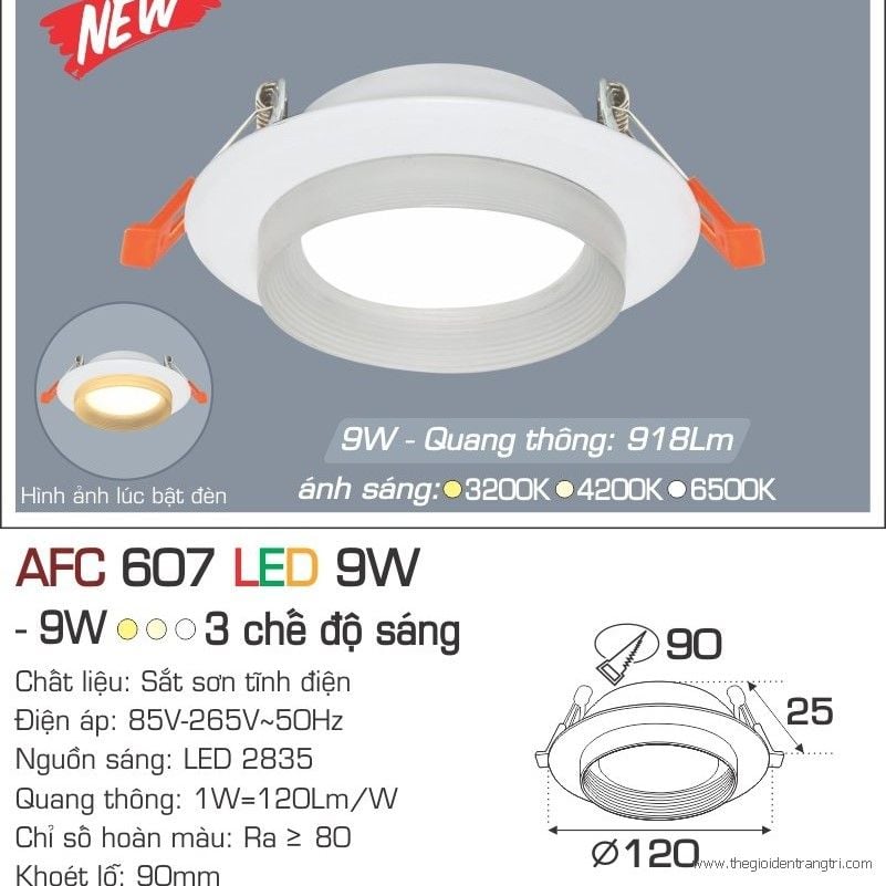 Đèn downlight âm trần 9wat cao cấp - Anfaco AFC607, mặt đèn có viền hiện đại