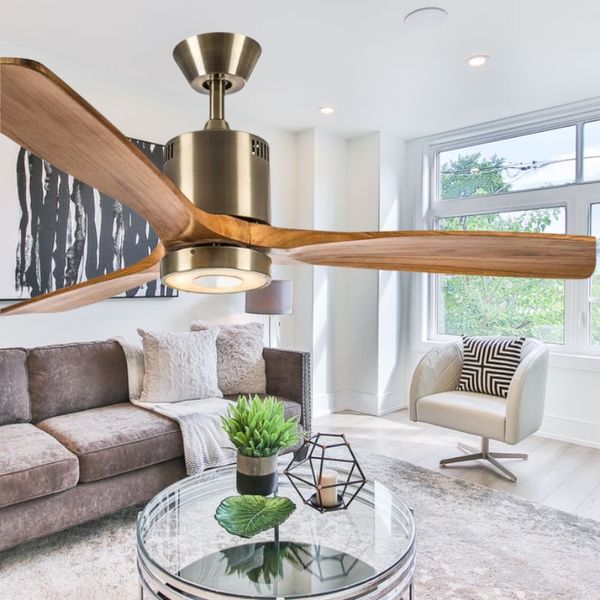 Quạt trần đèn, cánh gỗ nâu hiện đại   QT-101