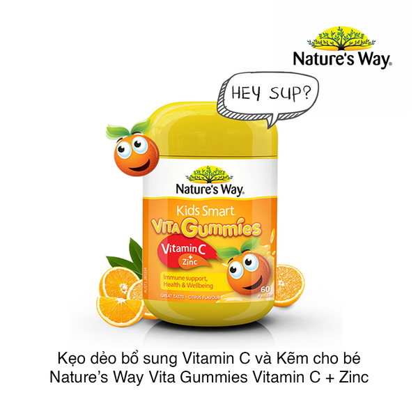 Kẹo dẻo bổ sung Vitamin C và Kẽm cho bé Nature's Way Kids Smart Vita Gummies Vitamin C + Zinc Citrus Flavour (60 viên) (Hũ)