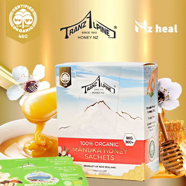 Mật ong TranzAlpine Honey NZ 100% Organic Manuka Honey Sachets MG300+ 125g (5g x 25 gói) (Hộp)