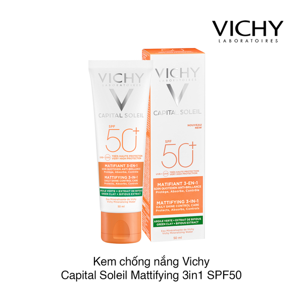 Kem chống nắng Vichy Capital Soleil Mattifying 3in1 SPF50 50ml (Xanh) (hộp)