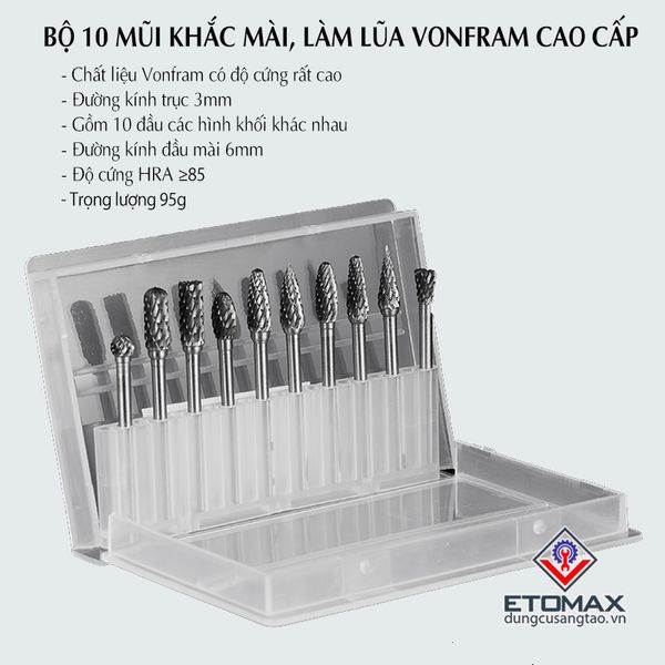 Bộ 10 mũi khắc, mài làm lũa Vonfram cao cấp