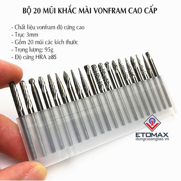 Bộ 20 mũi khắc mài vonfram cao cấp