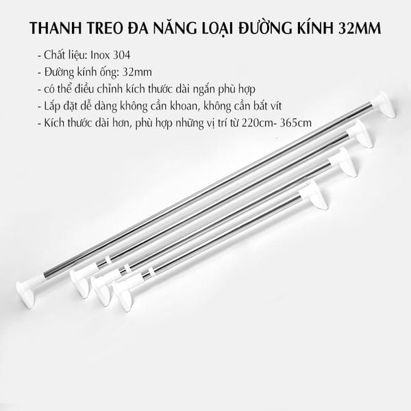 Thanh treo đa năng không cần khoan bắt vít, đường kính ống 32mm, chất liệu inox 304 cao cấp