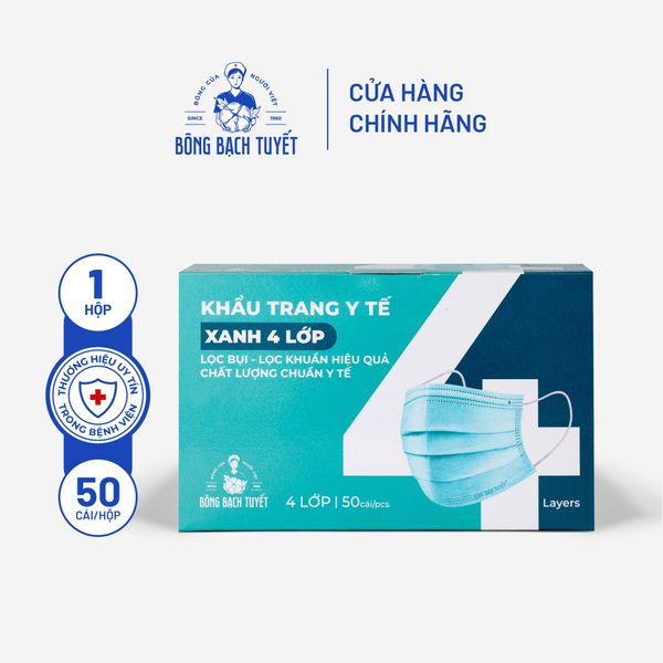  Khẩu trang Bông Bạch Tuyết 4 lớp xanh (50 cái/hộp) 