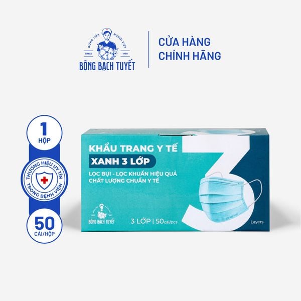  Khẩu trang Bông Bạch Tuyết 3 lớp xanh (50 cái/hộp) 