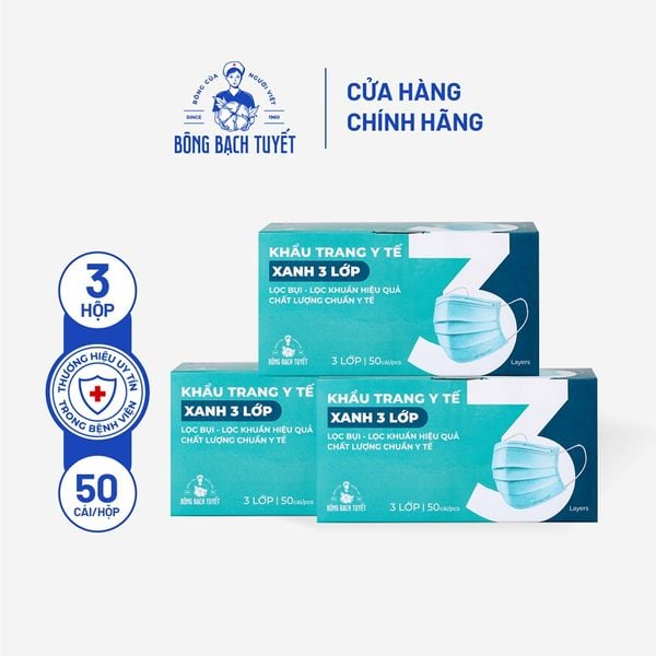  Combo 3 Hộp Khẩu trang Bông Bạch Tuyết 3 lớp xanh (50 cái/hộp) 