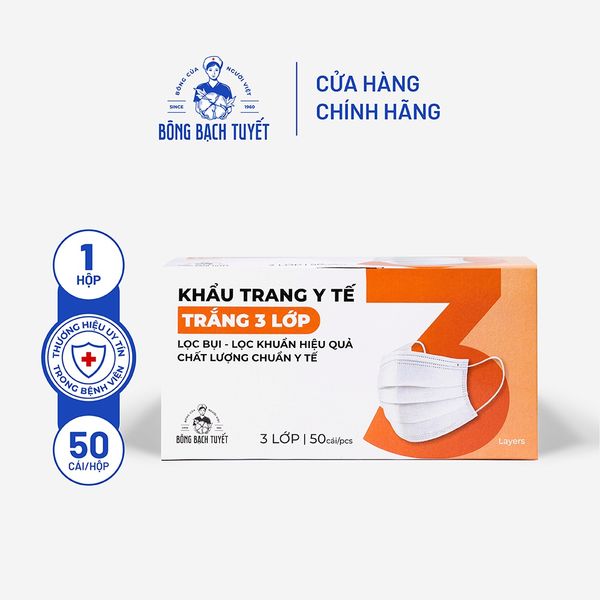 Khẩu trang Bông Bạch Tuyết 3 lớp trắng (50 cái/hộp) 