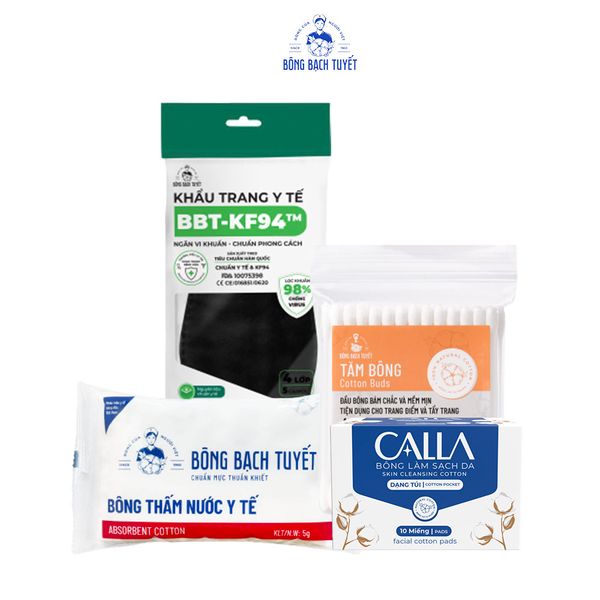  Combo 4 món (bông y tế 5g, tăm bông 42 que, xỏ ngón 10m/hộp, KF94 trắng 5cái/gói) 