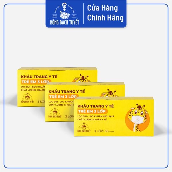  Combo 3 Hộp Khẩu trang Bông Bạch Tuyết Trẻ Em 3 lớp cho bé 6 -11 tuổi (30 cái/ hộp)(Trắng) 
