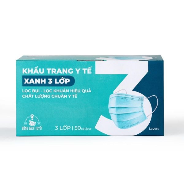  Khẩu trang Bông Bạch Tuyết 3 lớp xanh (50 cái/hộp) 