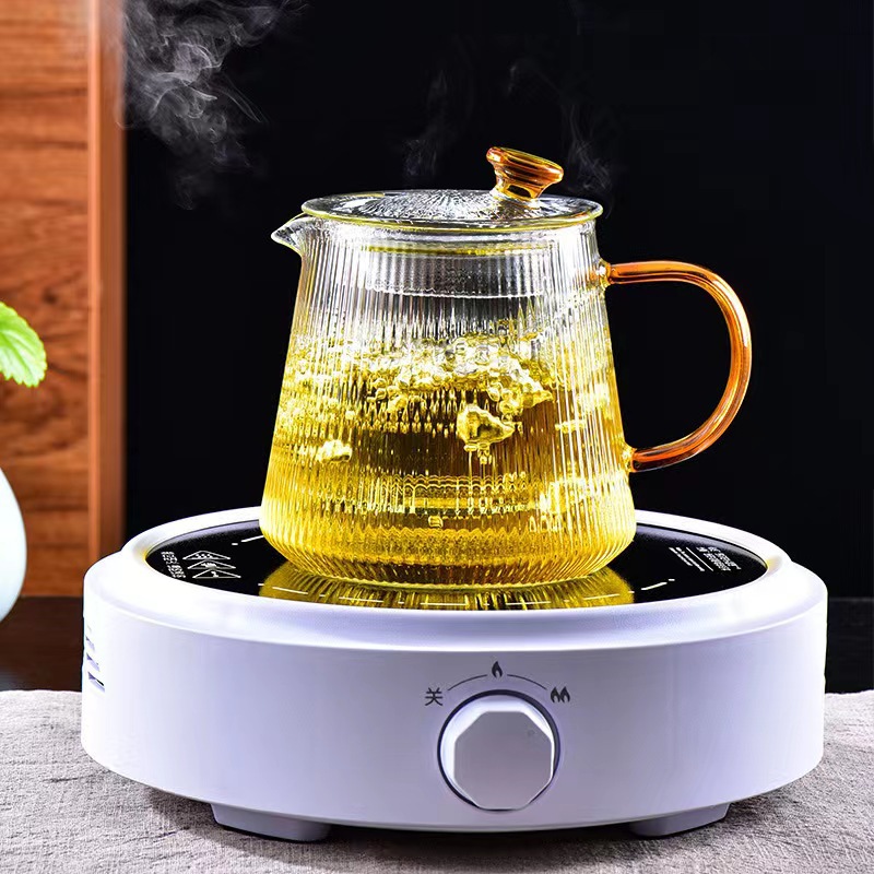 Ấm trà thủy tinh chịu nhiệt sọc dọc dày, có ngăn lọc nước trà theo phong cách trà đạo Nhật Bản