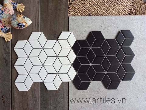  Gạch Mosaic Kim Cương Lập Phương Đen Mờ 